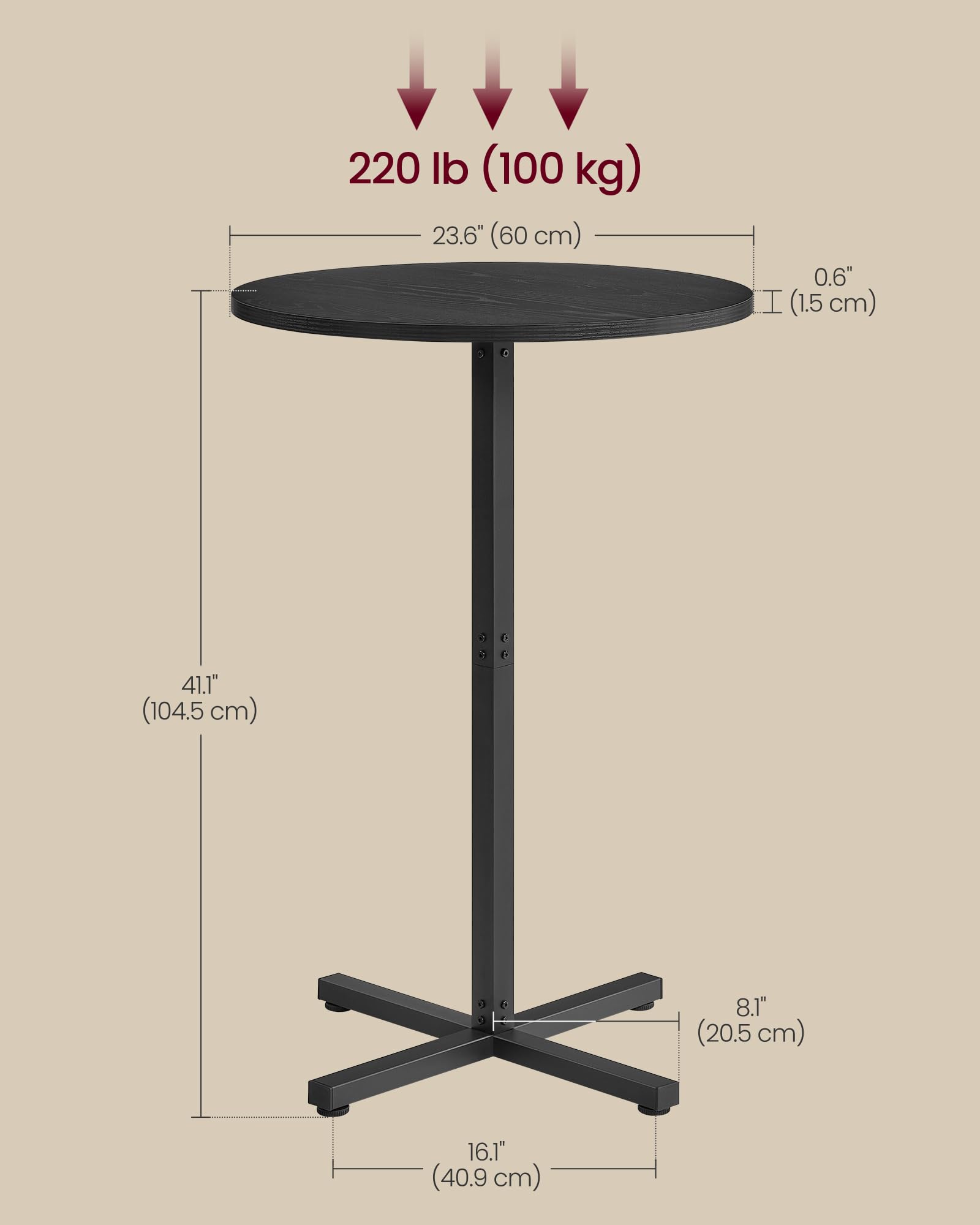 VASAGLE round table adapts as standing desk, pub table, or small dining.