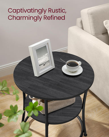 VASAGLE round table with steel frame beside sofa for convenient drinks and remotes.