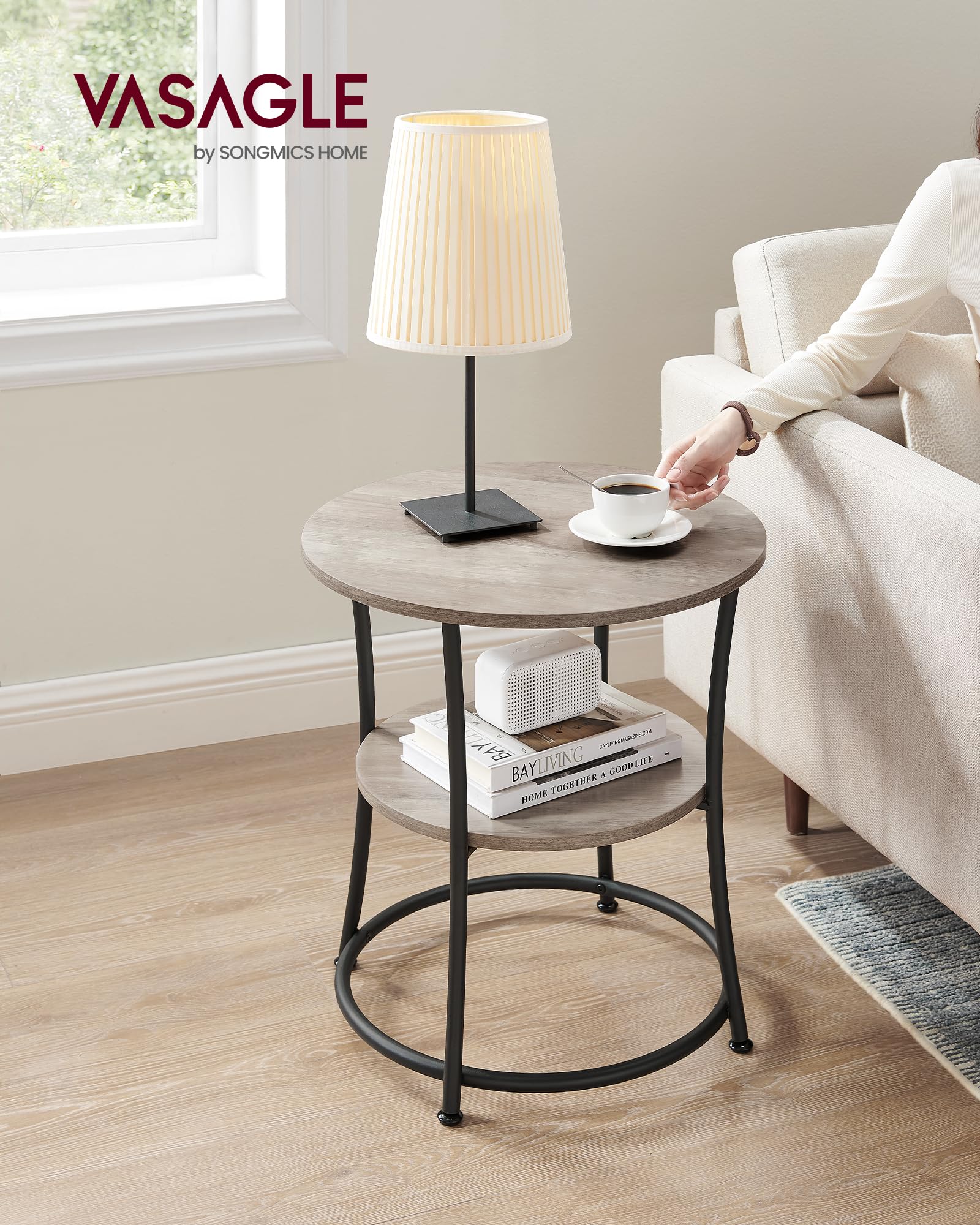 VASAGLE round two-shelves steel frame — sturdy storage for decor and magazines.