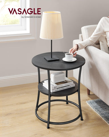 VASAGLE two-tier round side table highlighting dual storage levels.