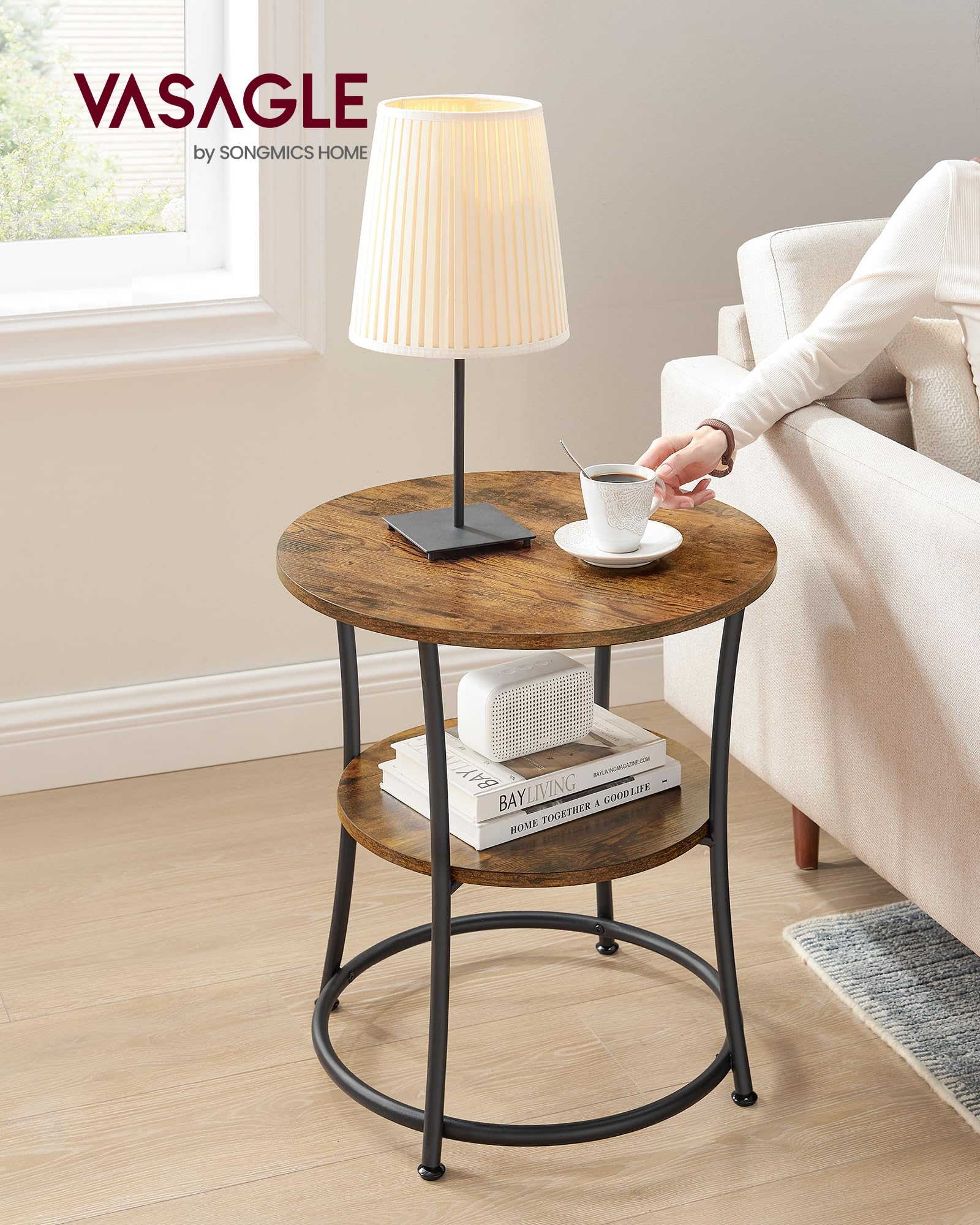 VASAGLE round two-tier shelves provide organized storage for remotes, books, and plants.
