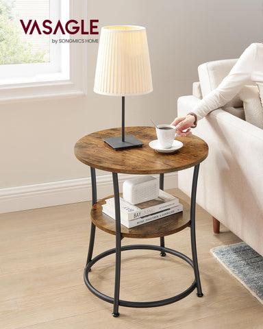 VASAGLE round two-tier shelves provide organized storage for remotes, books, and plants.
