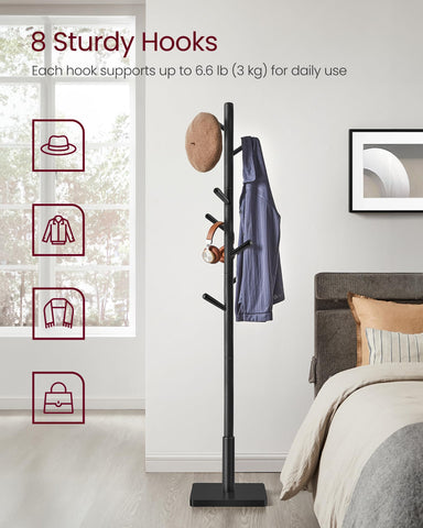 VASAGLE rubberwood pole and hooks provide sturdy daily use.