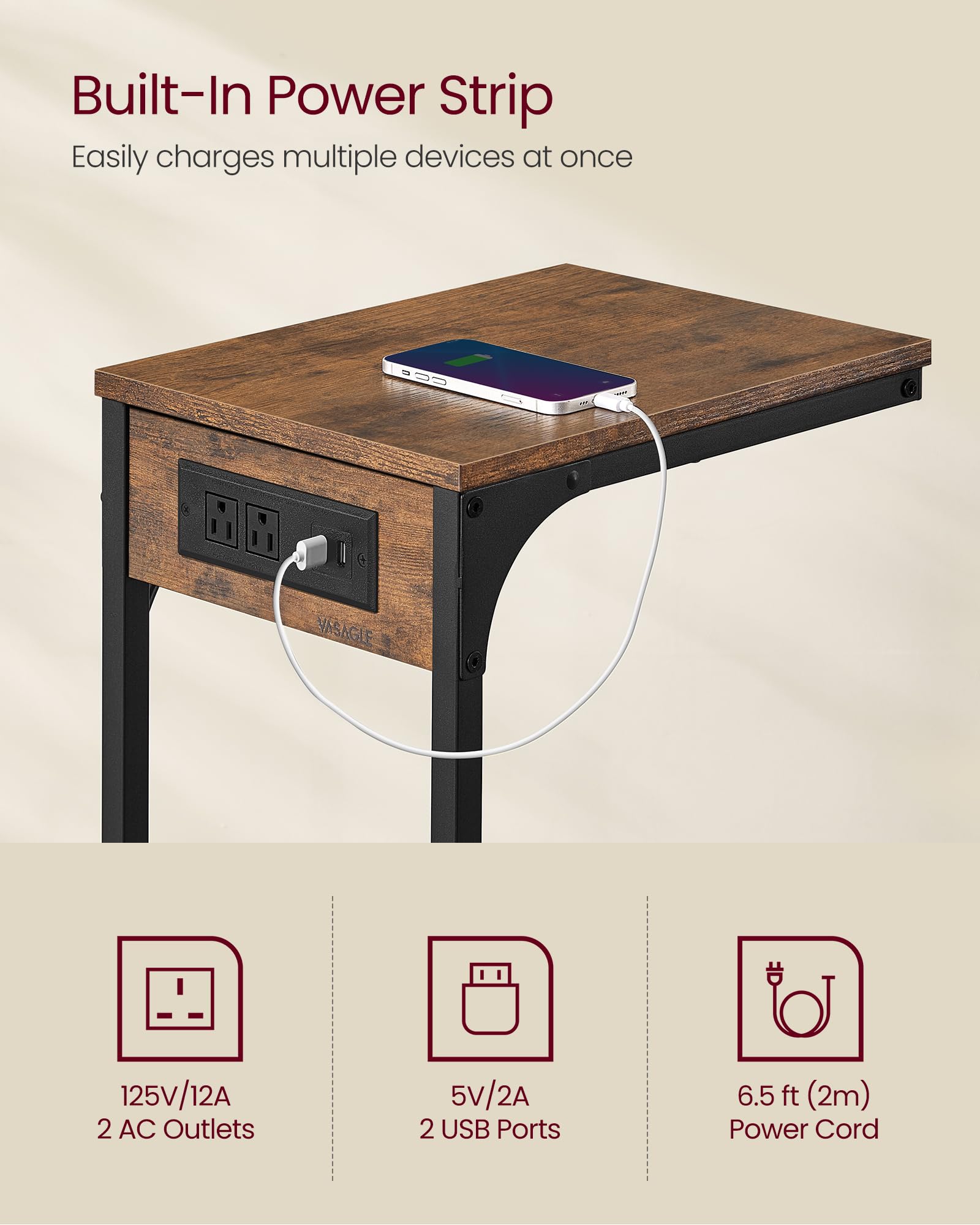 Rustic brown VASAGLE C-table beside couch for snacks and remotes