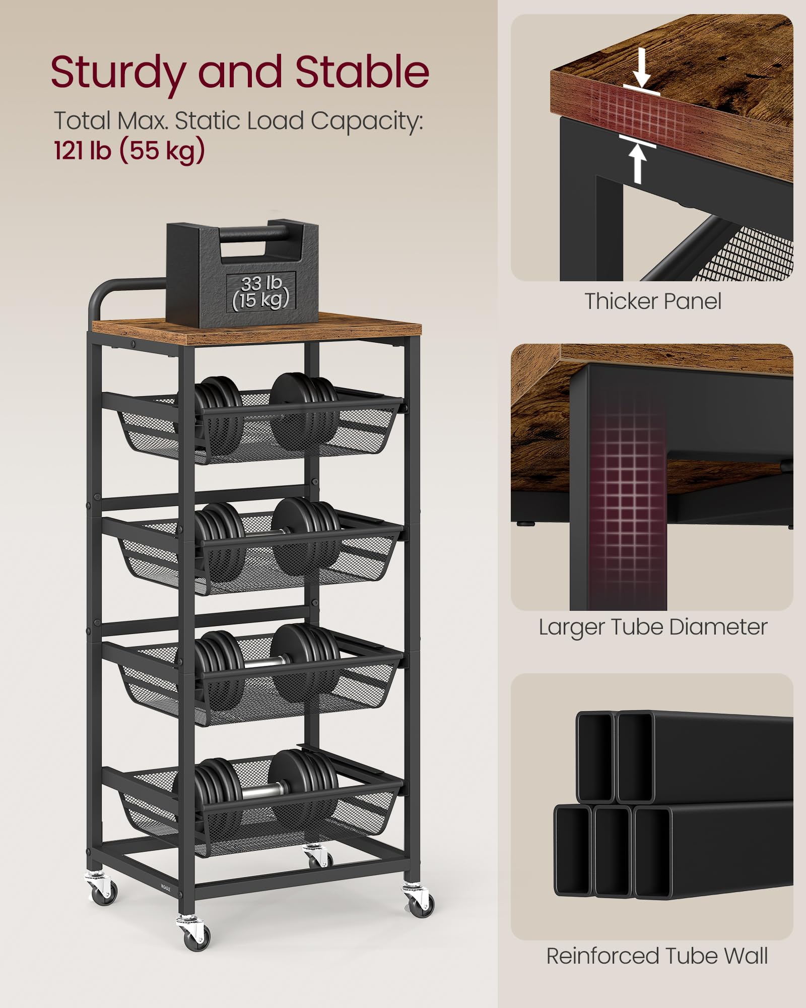 VASAGLE rustic brown and ink black finish adds versatile style.