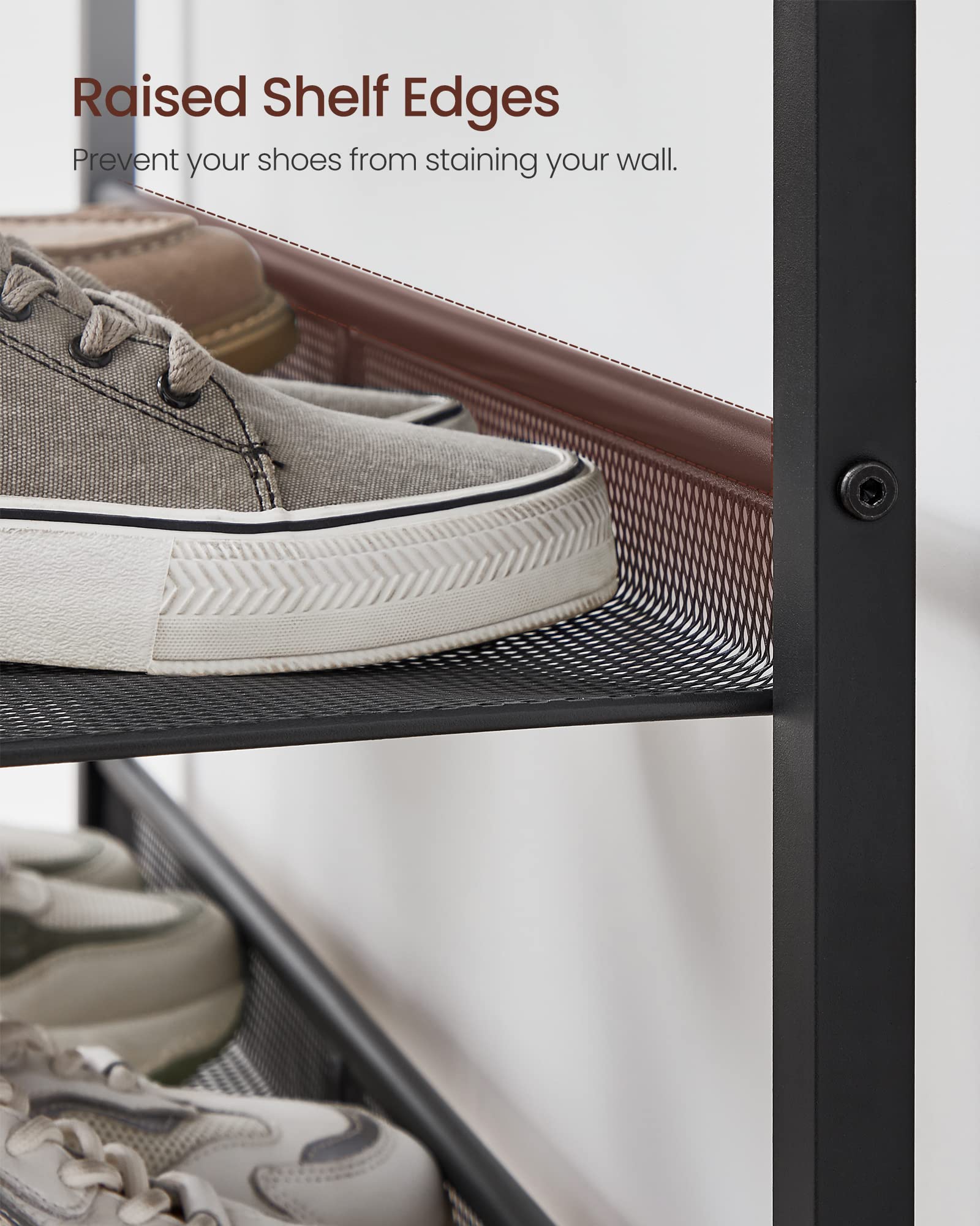 VASAGLE shelves with 8-inch spacing fit heels and tall sneakers comfortably.