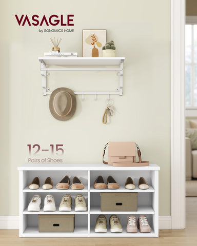 VASAGLE shoe bench shows adjustable shelves for flexible organization.