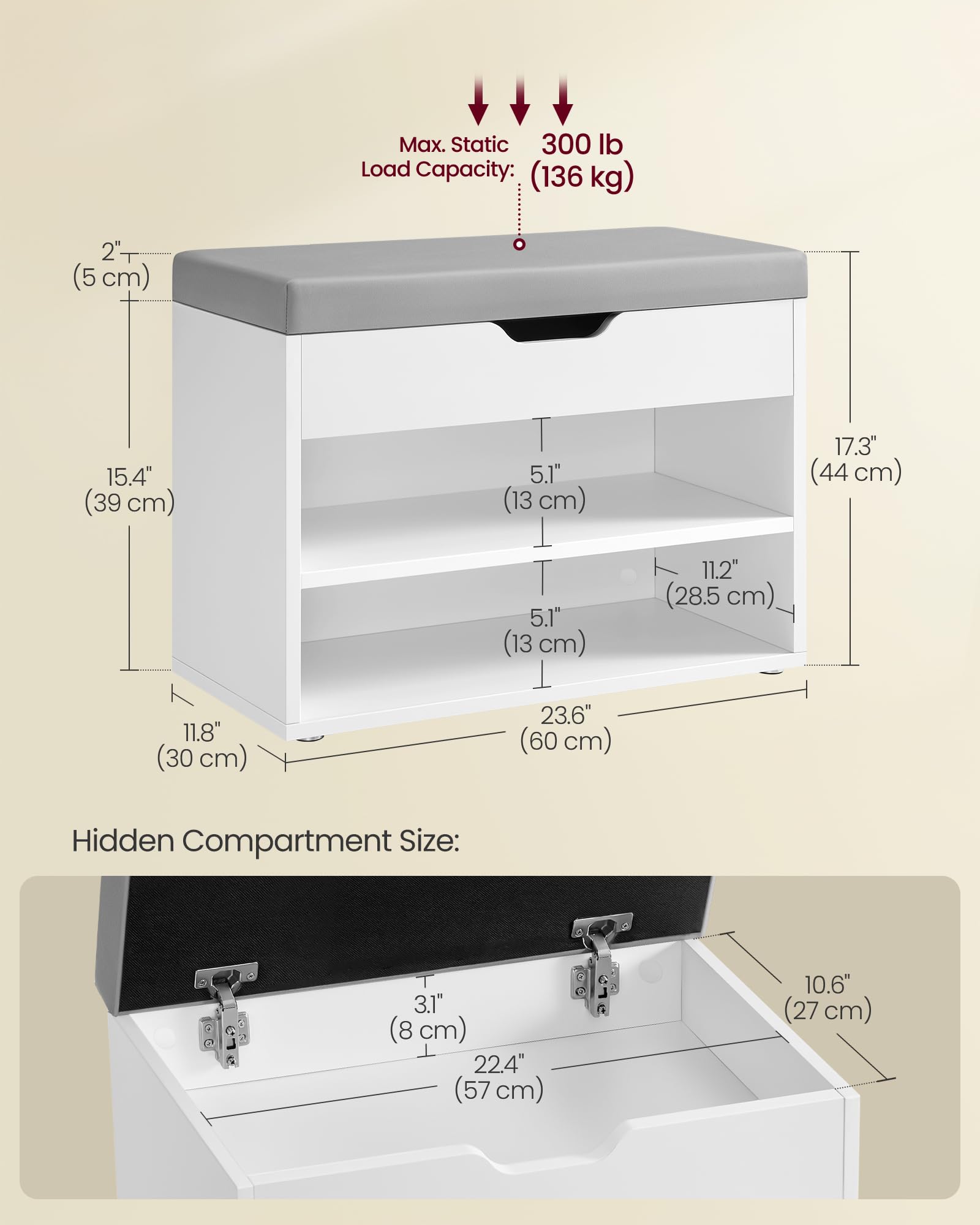 VASAGLE shoe bench protective lid hinges prevent sudden slams for safety
