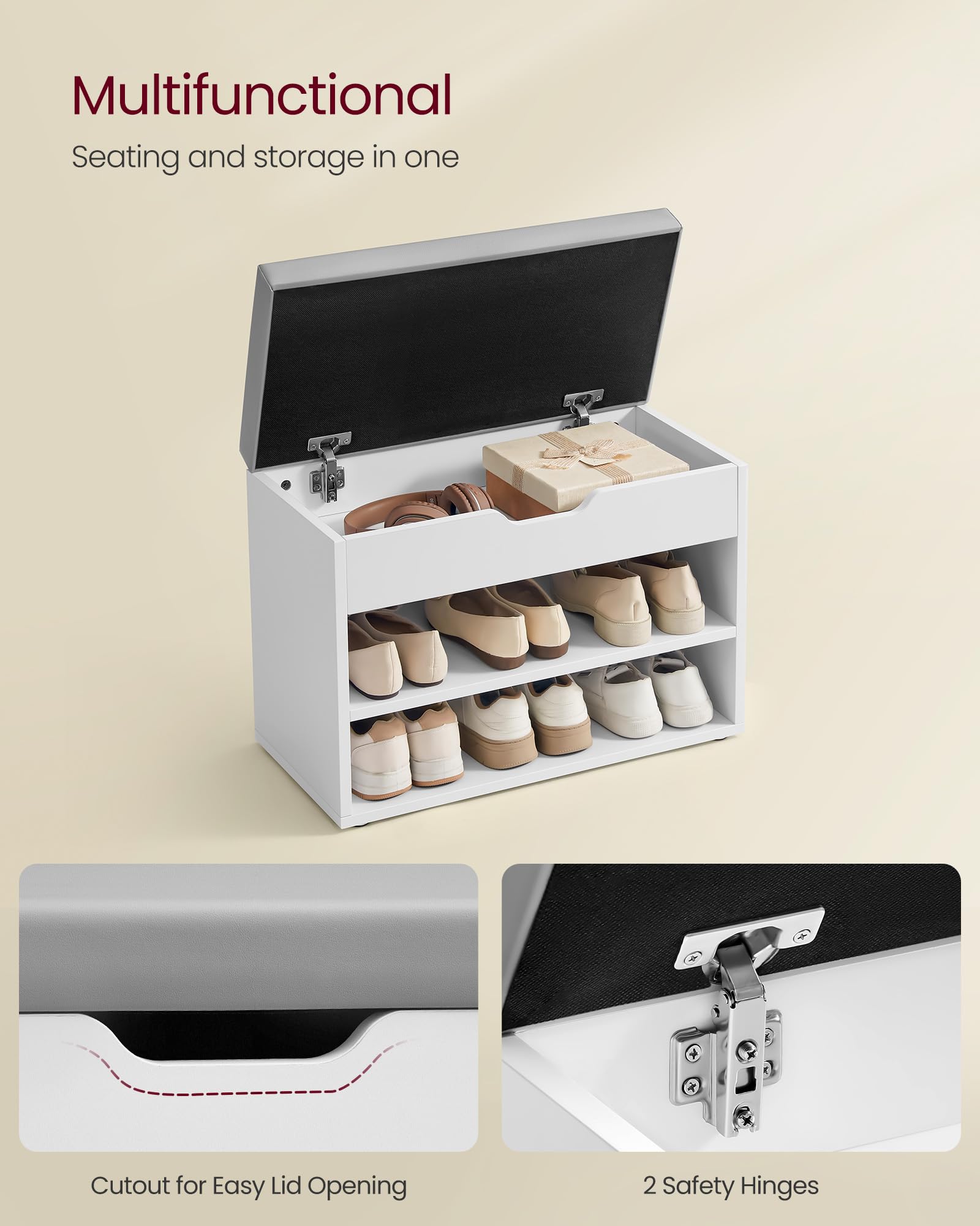 VASAGLE shoe bench lower shelves store everyday shoes for easy access