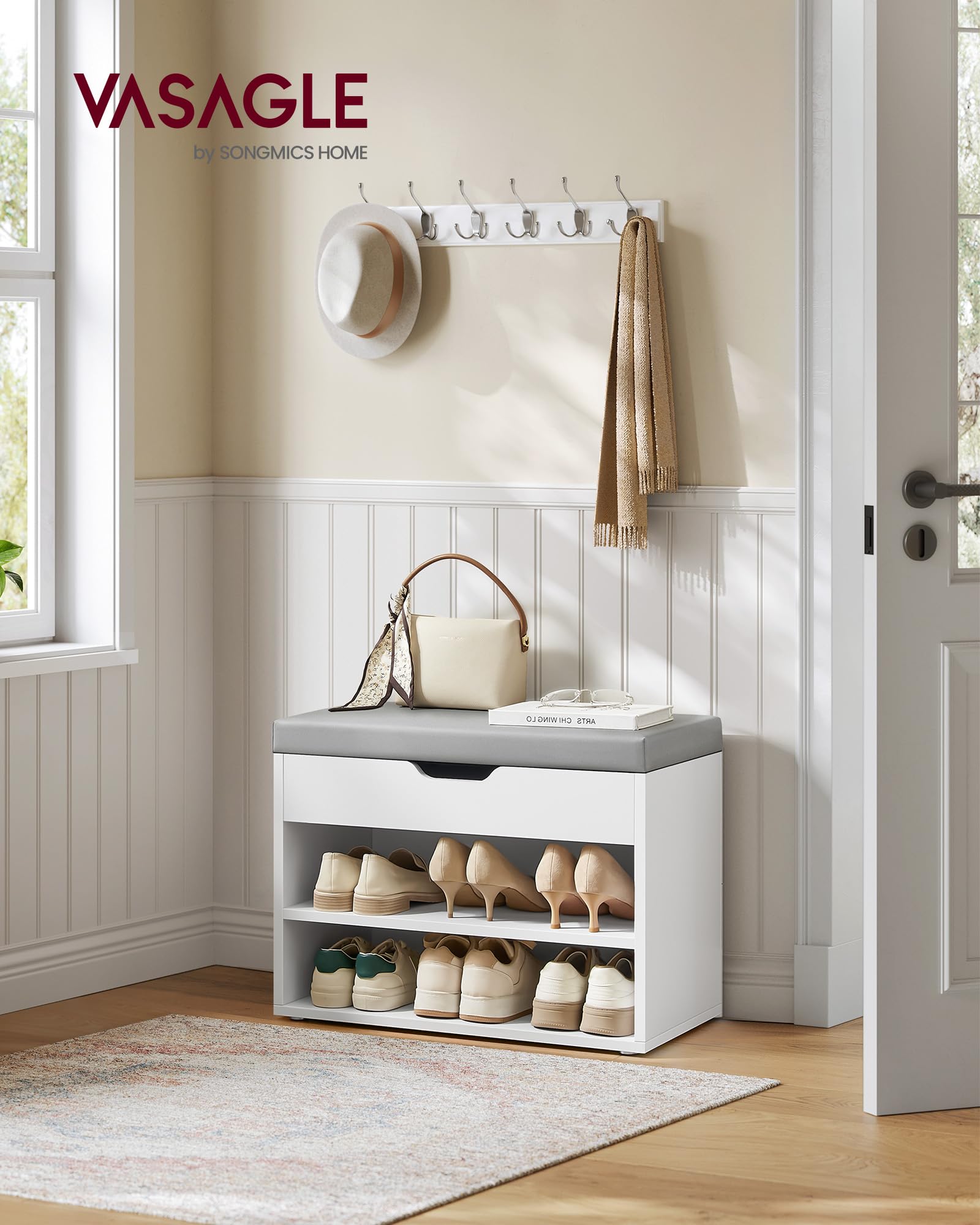 VASAGLE shoe bench three storage compartments keep gloves and accessories organized