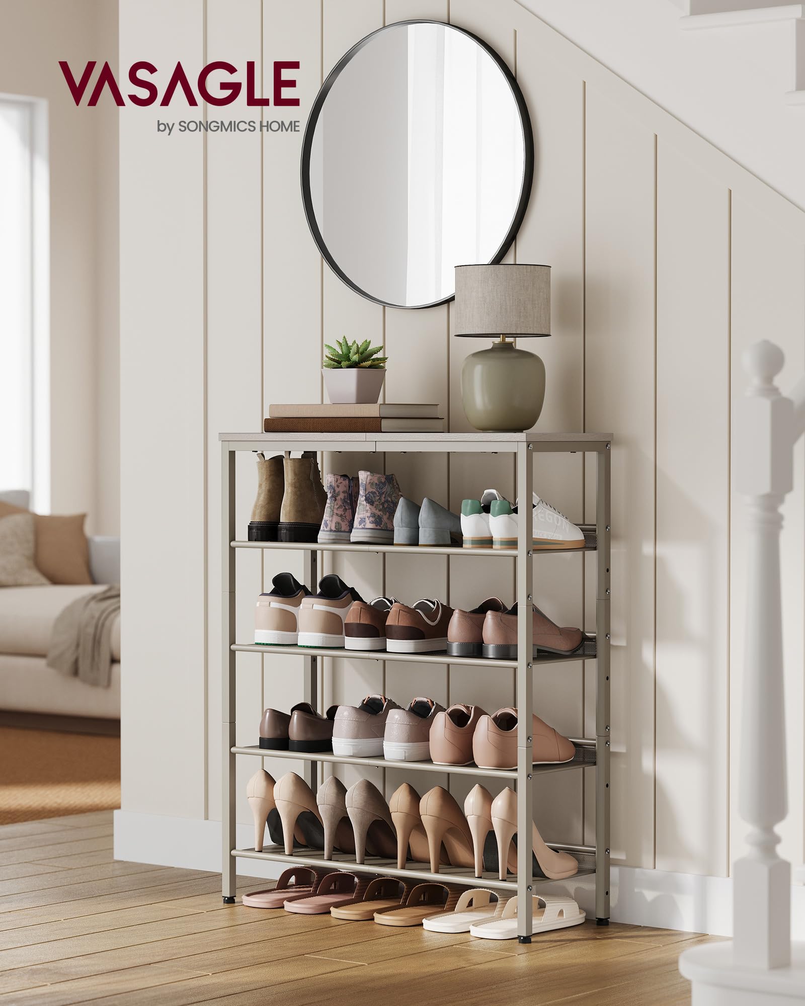VASAGLE shoe rack adjustable shelves closeup highlighting hole-based customization for tailored storage.