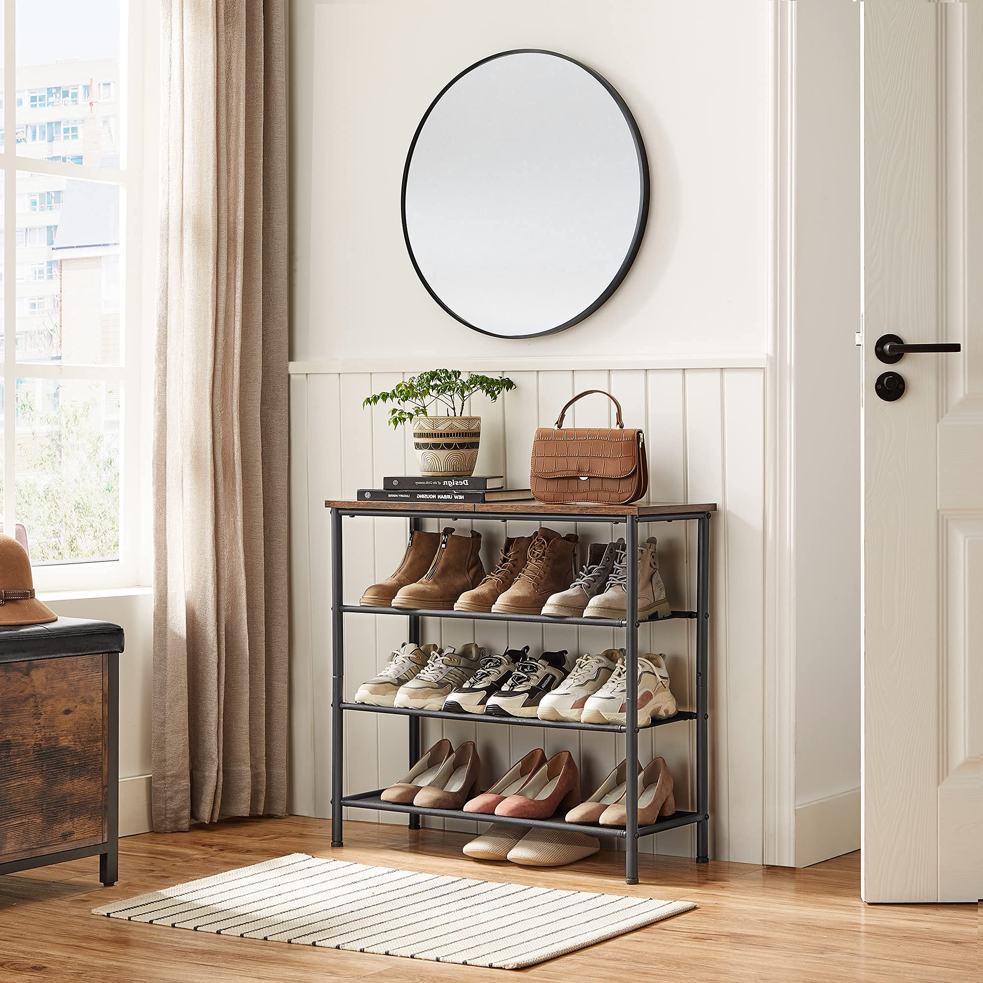 VASAGLE 3-fabric shelves securely hold heels and sneakers for easy access.