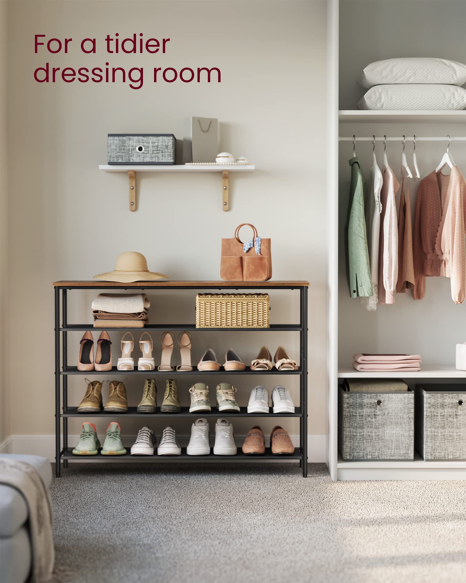 VASAGLE fabric-shelves closeup emphasizes breathable fabric and easy shoe access.