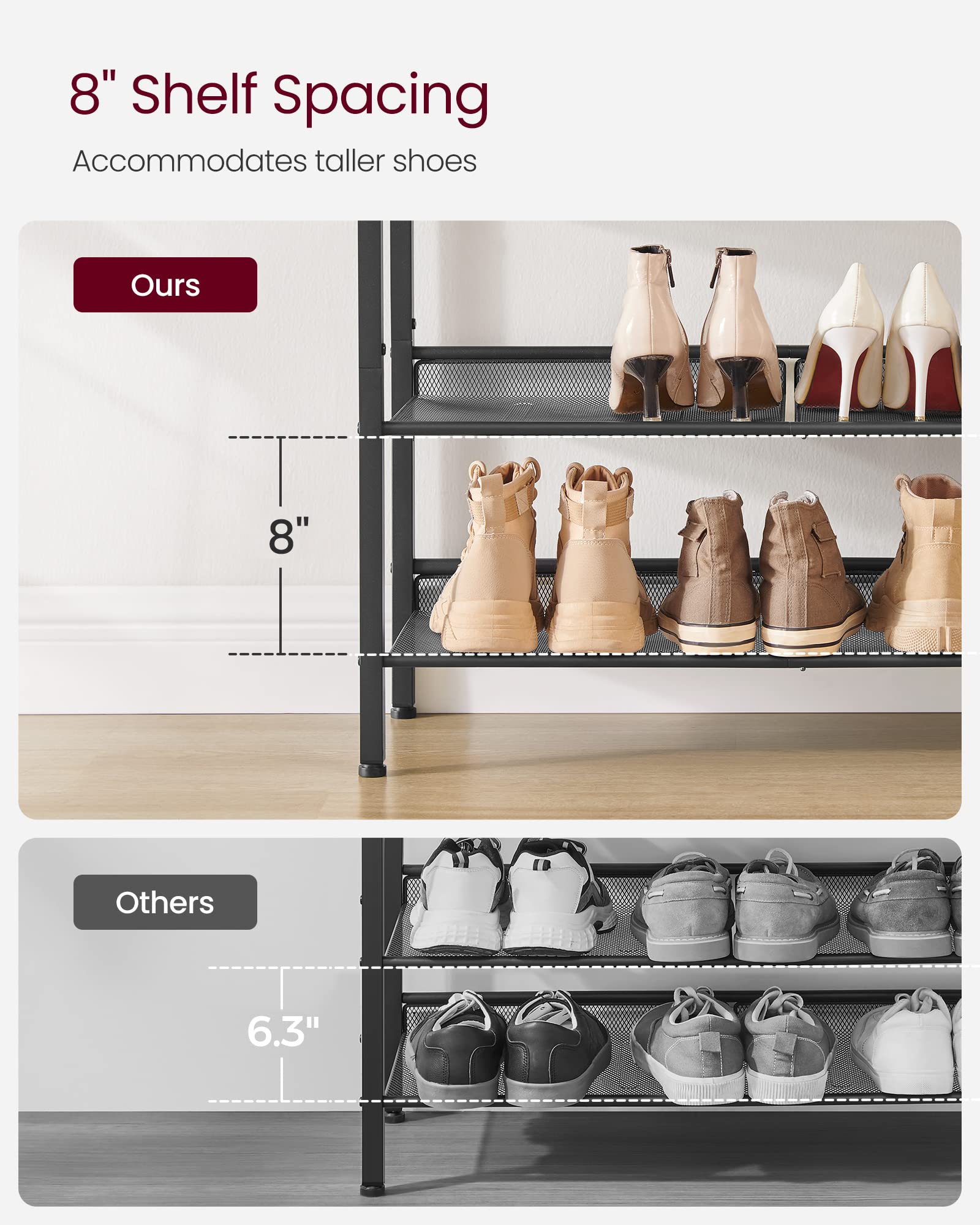 VASAGLE mesh shelves with 8-inch spacing for tall shoes
