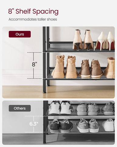 VASAGLE mesh shelves with 8-inch spacing for tall shoes