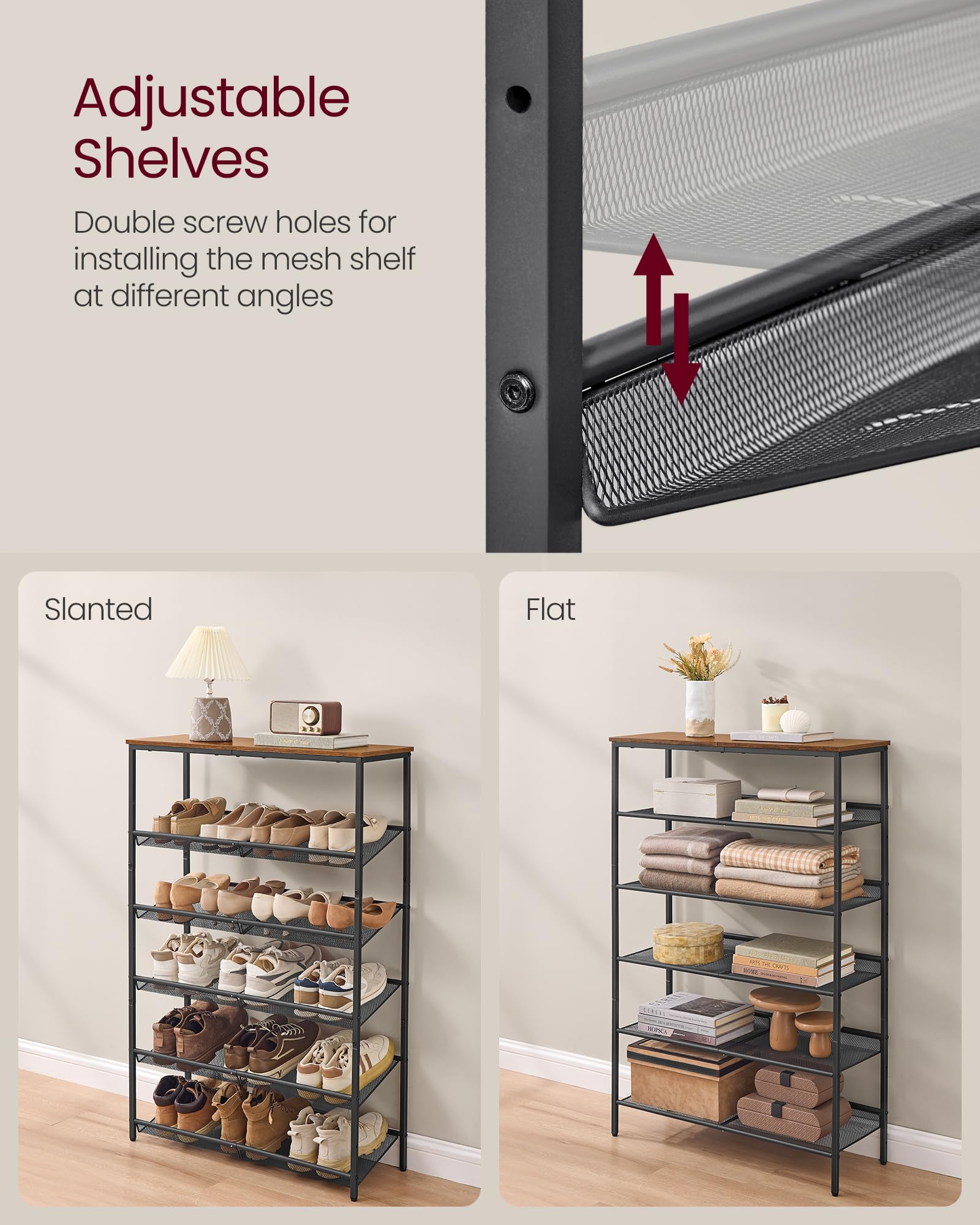 VASAGLE shoe rack raised-edge shelves prevent slips and protect walls