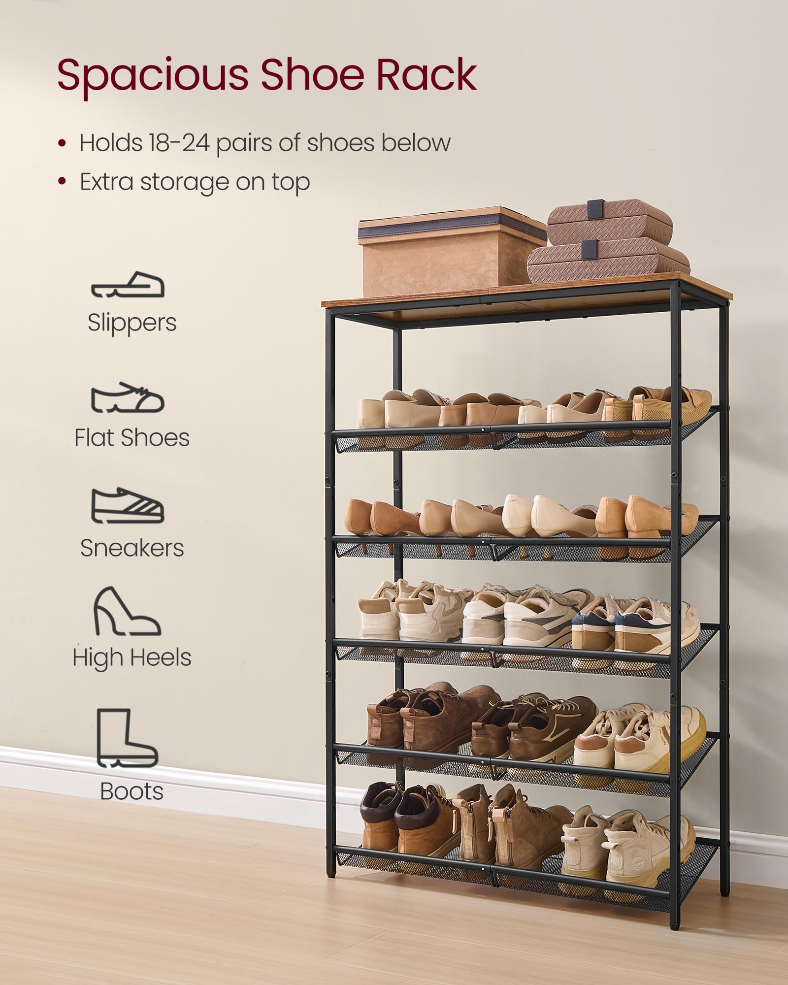 VASAGLE shoe rack 6-tier adjustable holes offer flexible configuration for shoes