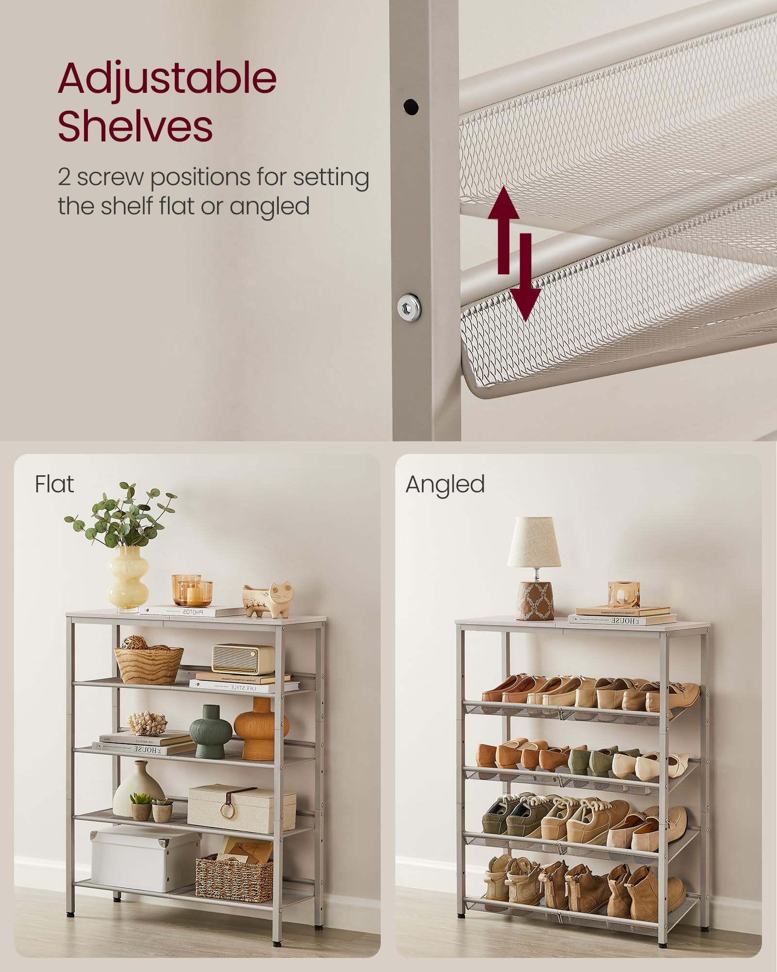 VASAGLE shelves with shoes demonstrate space for 16-20 pairs.