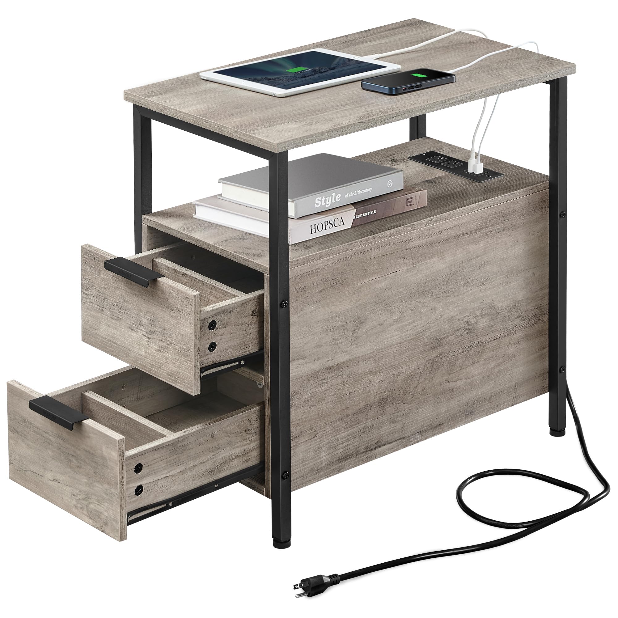 VASAGLE side end table with charging station in ink black, ideal for bedside device charging.