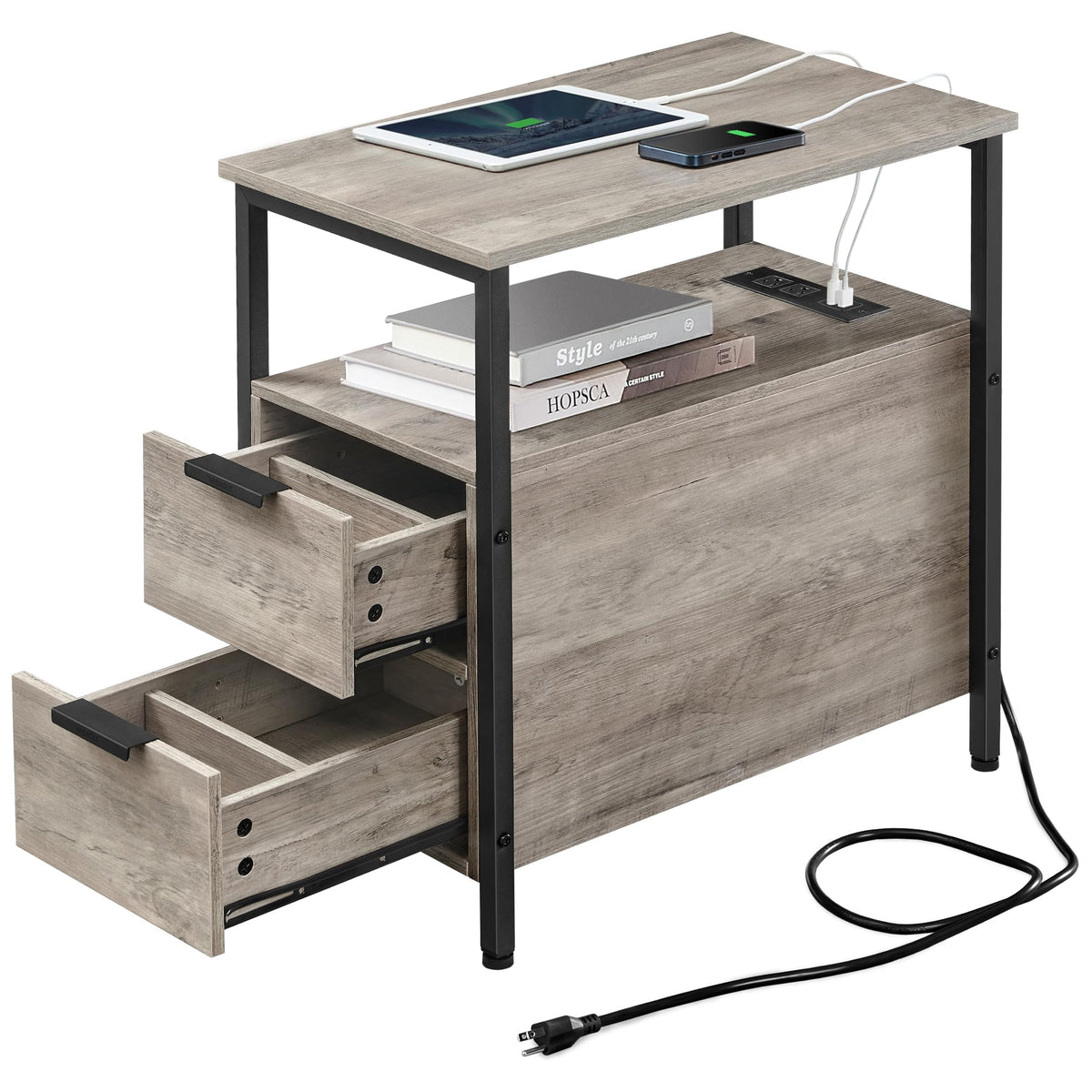 VASAGLE side end table with charging station in ink black, ideal for bedside device charging.