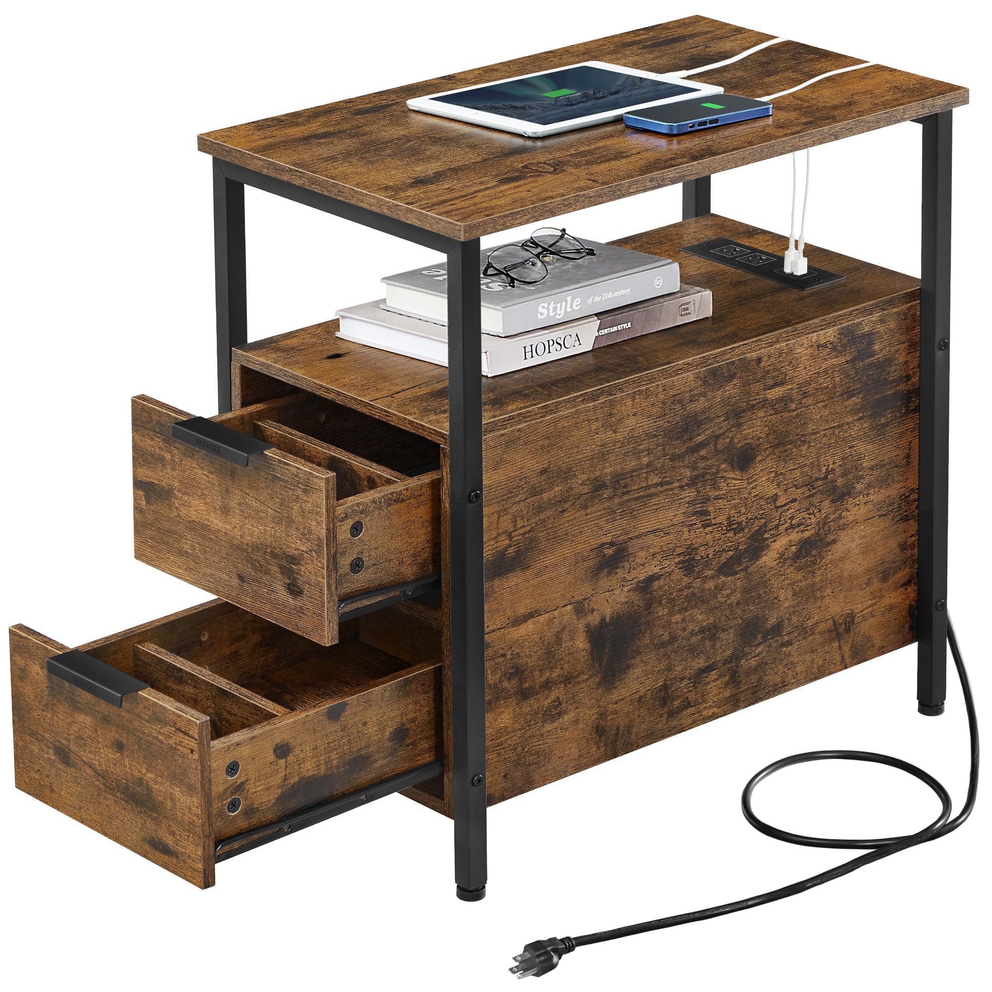 VASAGLE side end table with charging station front view showing built-in outlets for convenient charging
