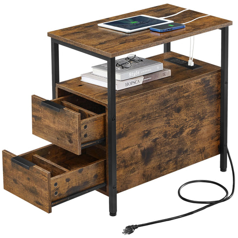 VASAGLE side end table with charging station front view showing built-in outlets for convenient charging