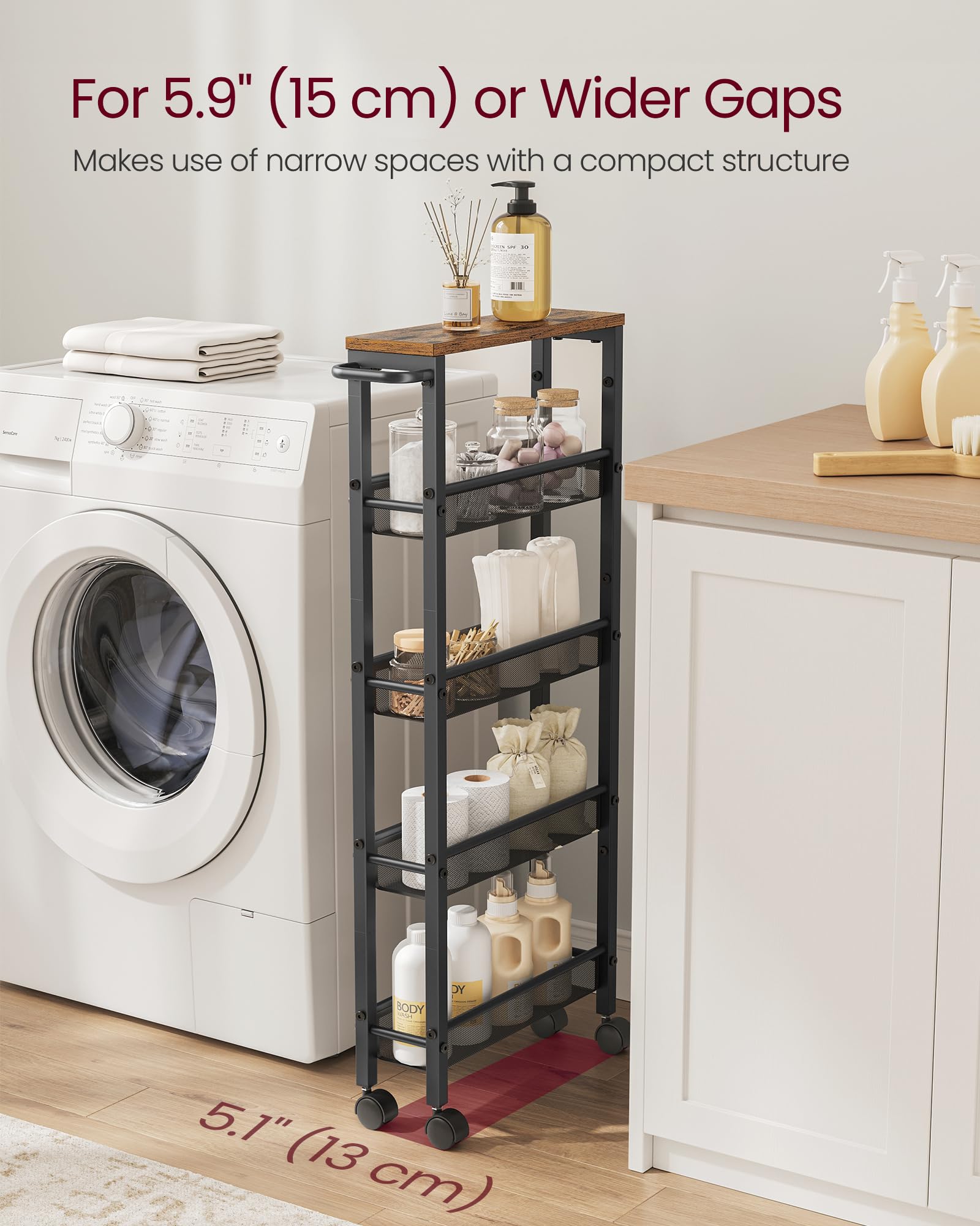 VASAGLE bottom baskets store snacks and supplies for versatile organization.