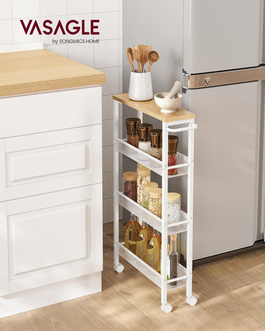 VASAGLE slim rolling cart fits between counter and fridge in a narrow space