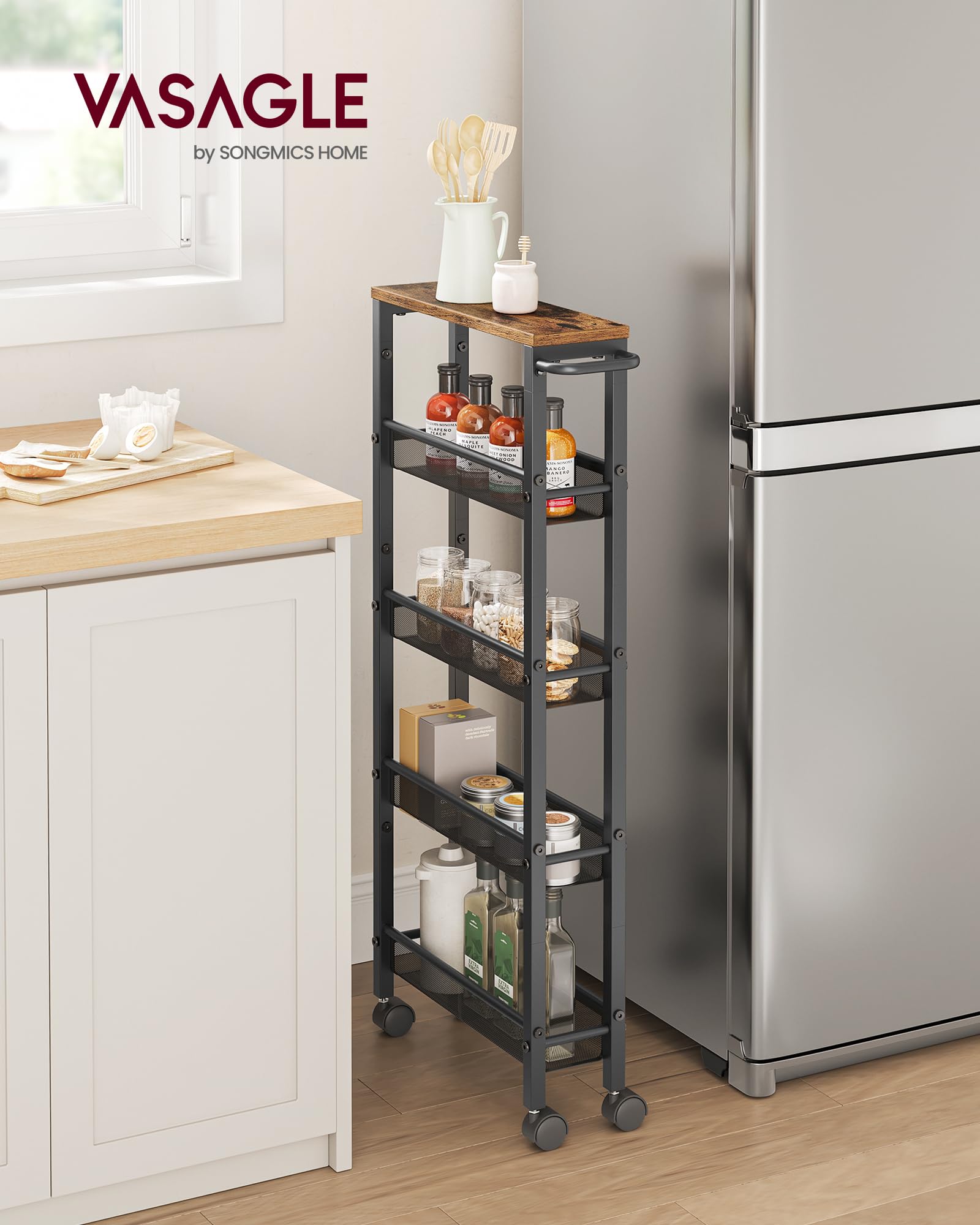 VASAGLE top shelf holds spice bottles for quick kitchen access.