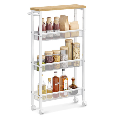 VASAGLE slim rolling cart top shelf with spices for easy kitchen access