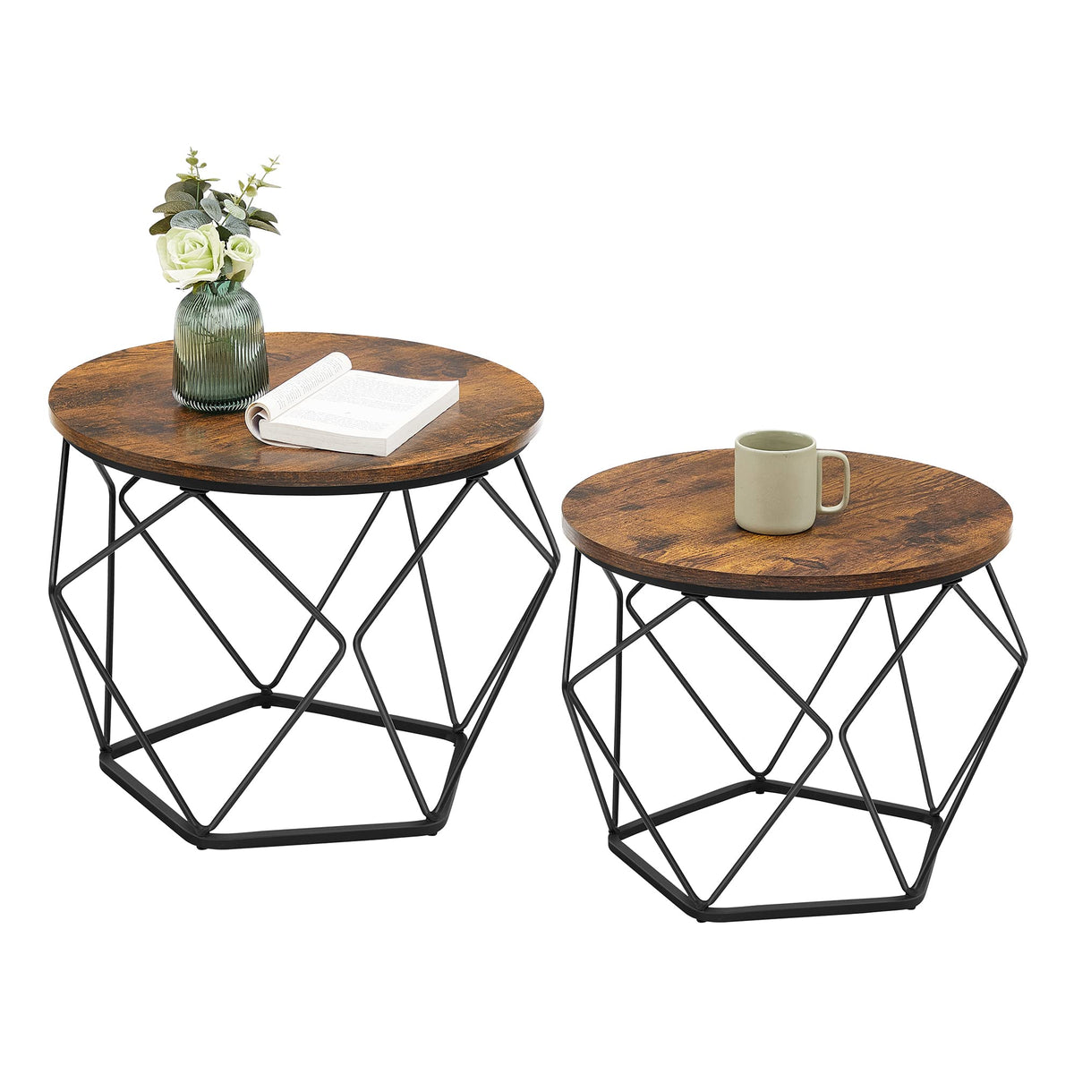 VASAGLE small round coffee tables with rustic brown top for convenient living room staging.