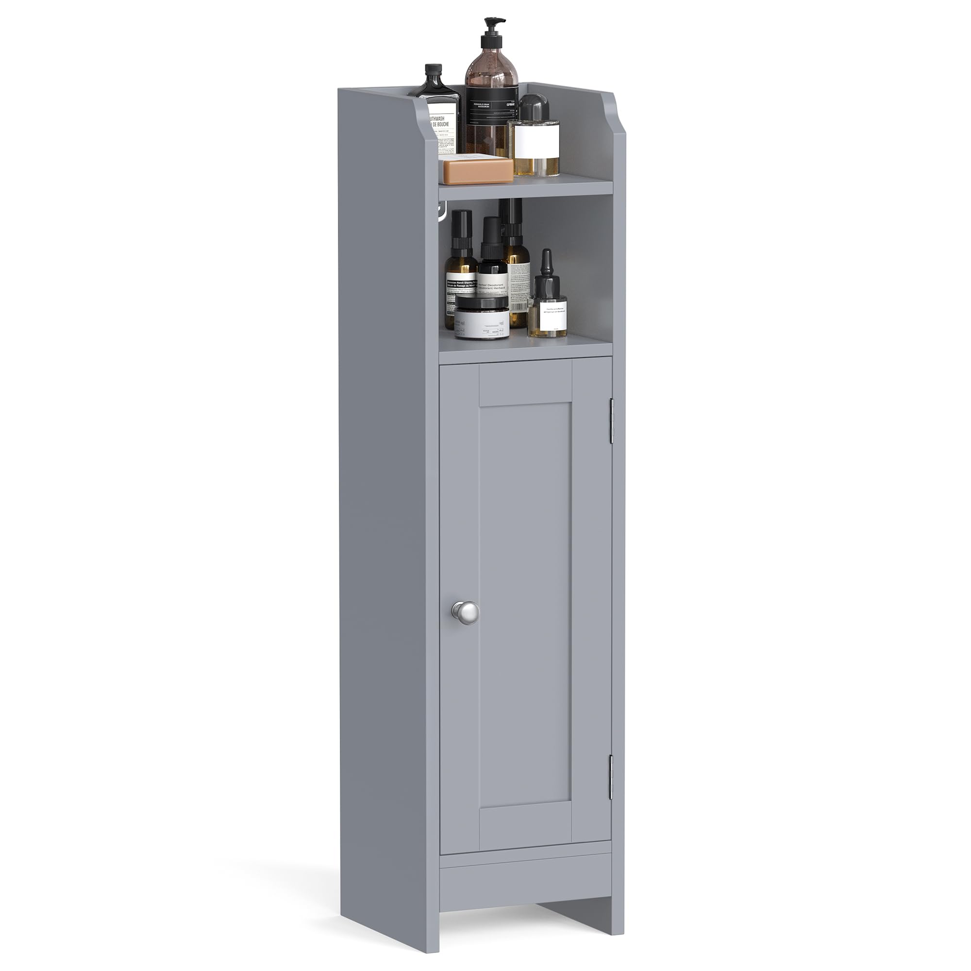 VASAGLE corner cabinet dove gray front view, slim and space-saving