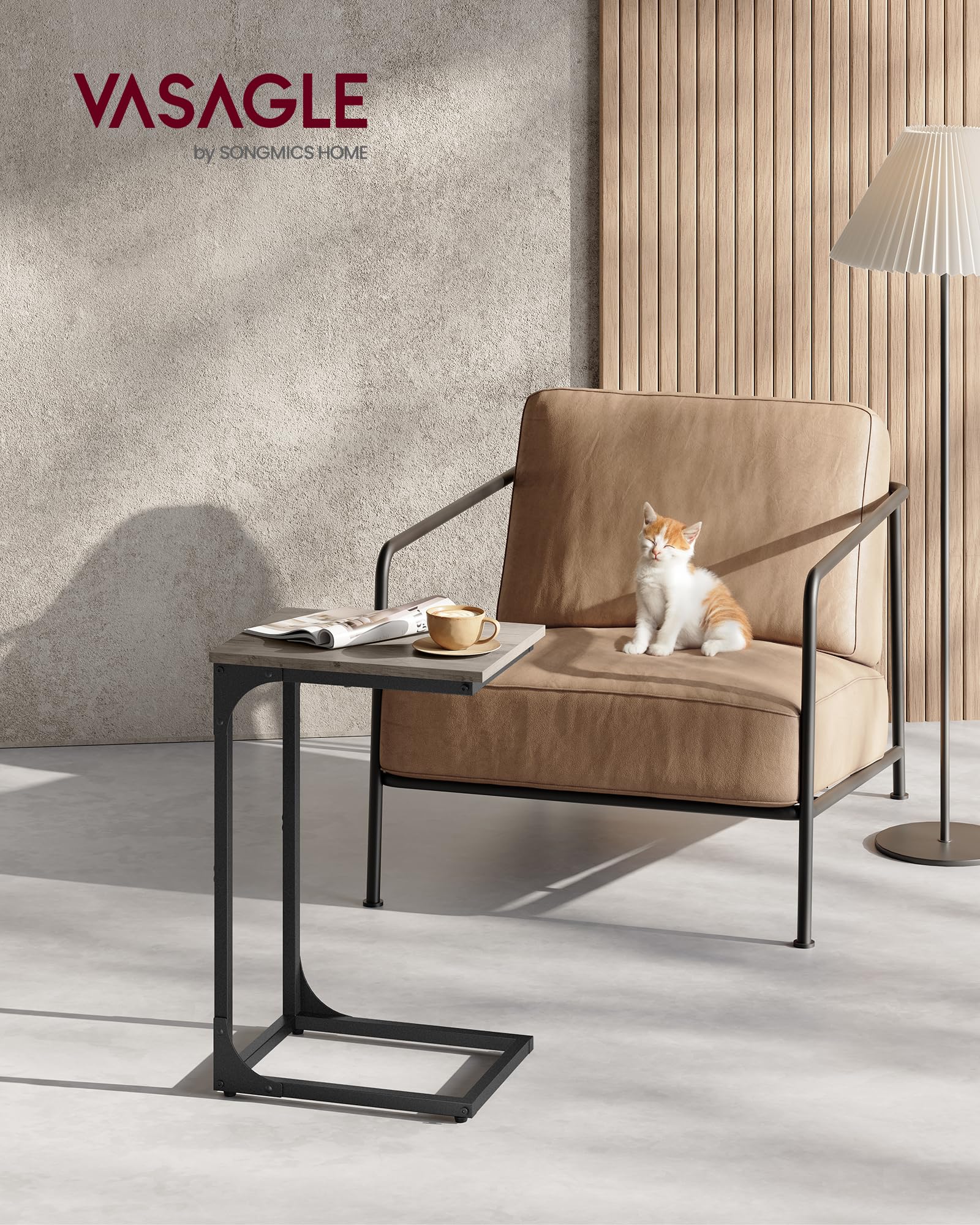 VASAGLE sofa side table with metal frame providing sturdy support for drinks or laptops.