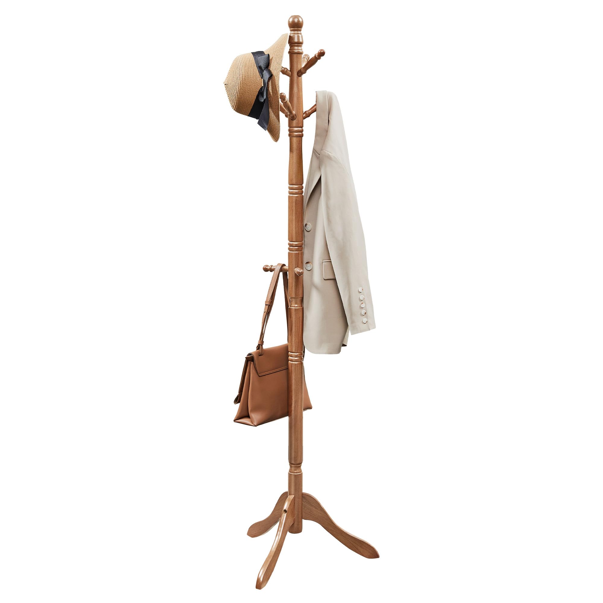 VASAGLE solid wood coat rack with a stable tri-legged base for entryways.