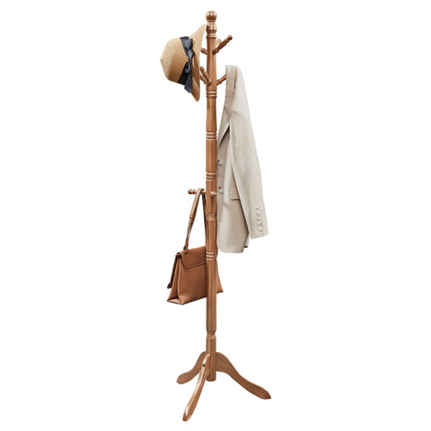 VASAGLE solid wood coat rack with a stable tri-legged base for entryways.
