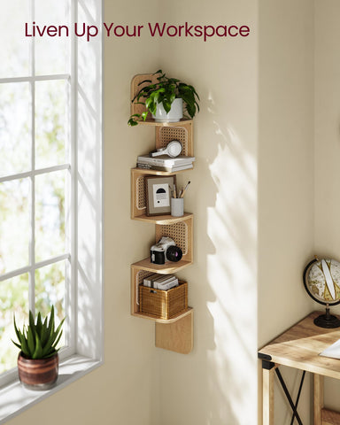 VASAGLE space-saving corner shelf showing five vertical tiers.