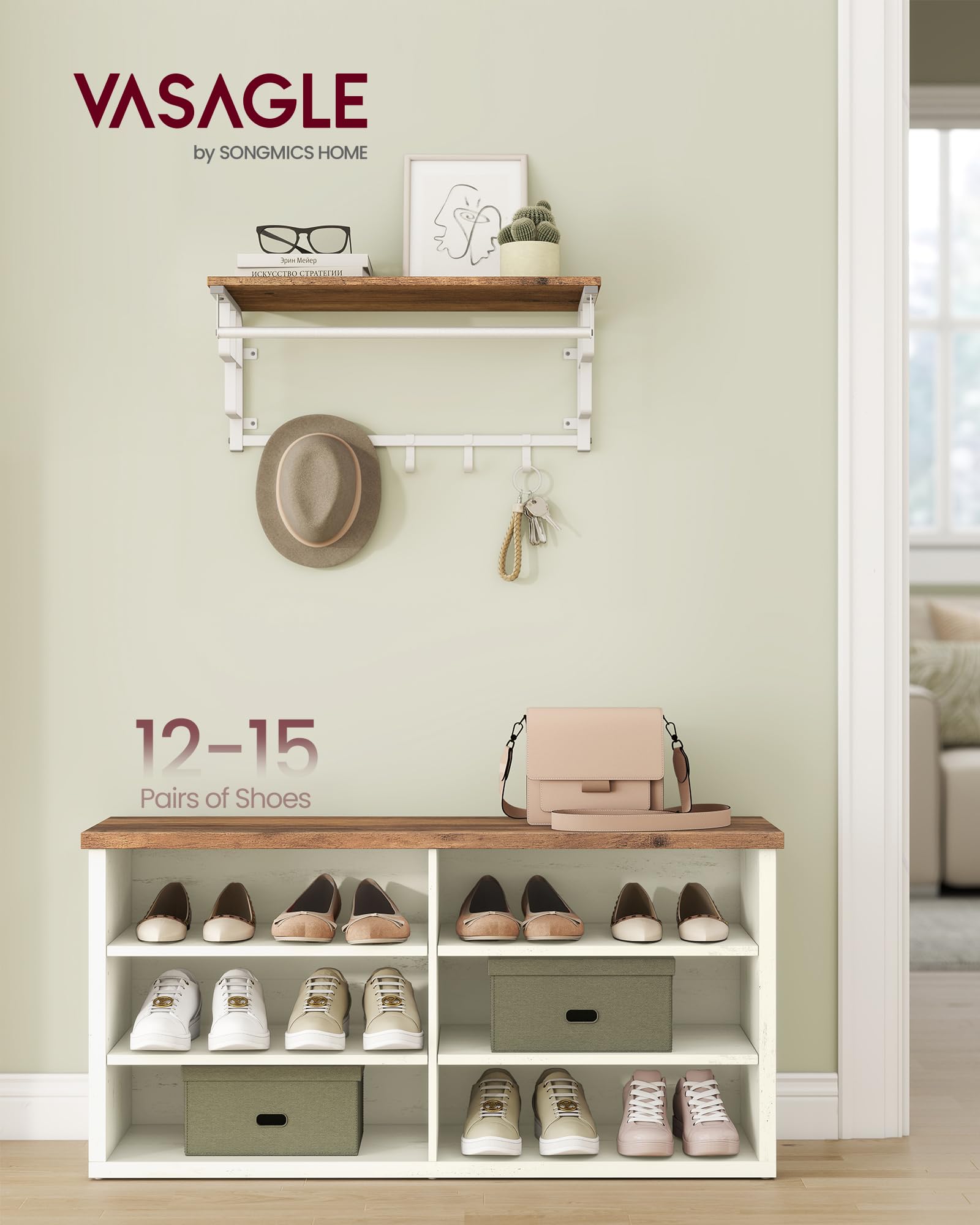 Close-up of adjustable shelves on the VASAGLE storage bench