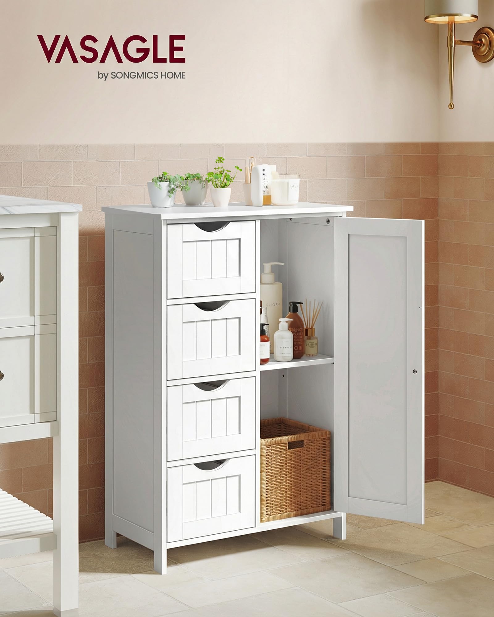 VASAGLE storage cabinet with door and adjustable shelf side view showing flexible storage.