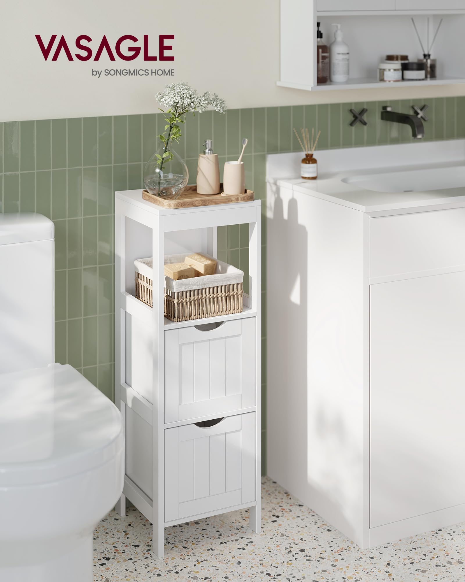 VASAGLE corner unit showing two drawers to conceal clutter.