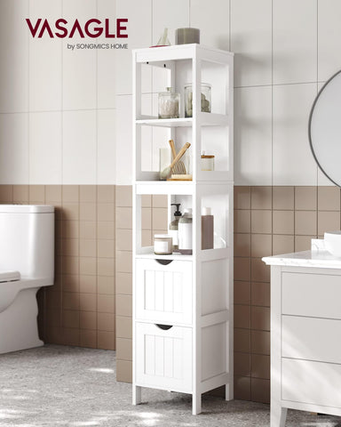 VASAGLE storage cabinet with two drawers offers concealed storage for toiletries and supplies.
