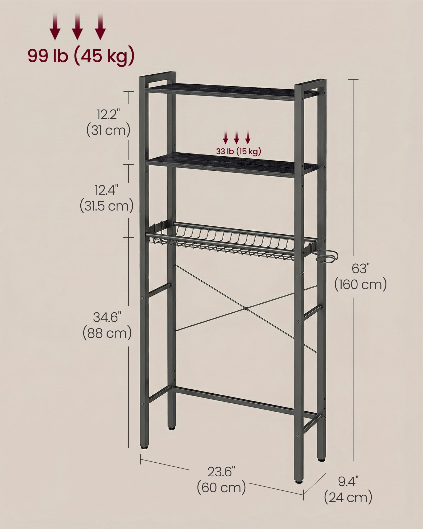 VASAGLE sturdy steel and MDF construction supports daily bathroom use.