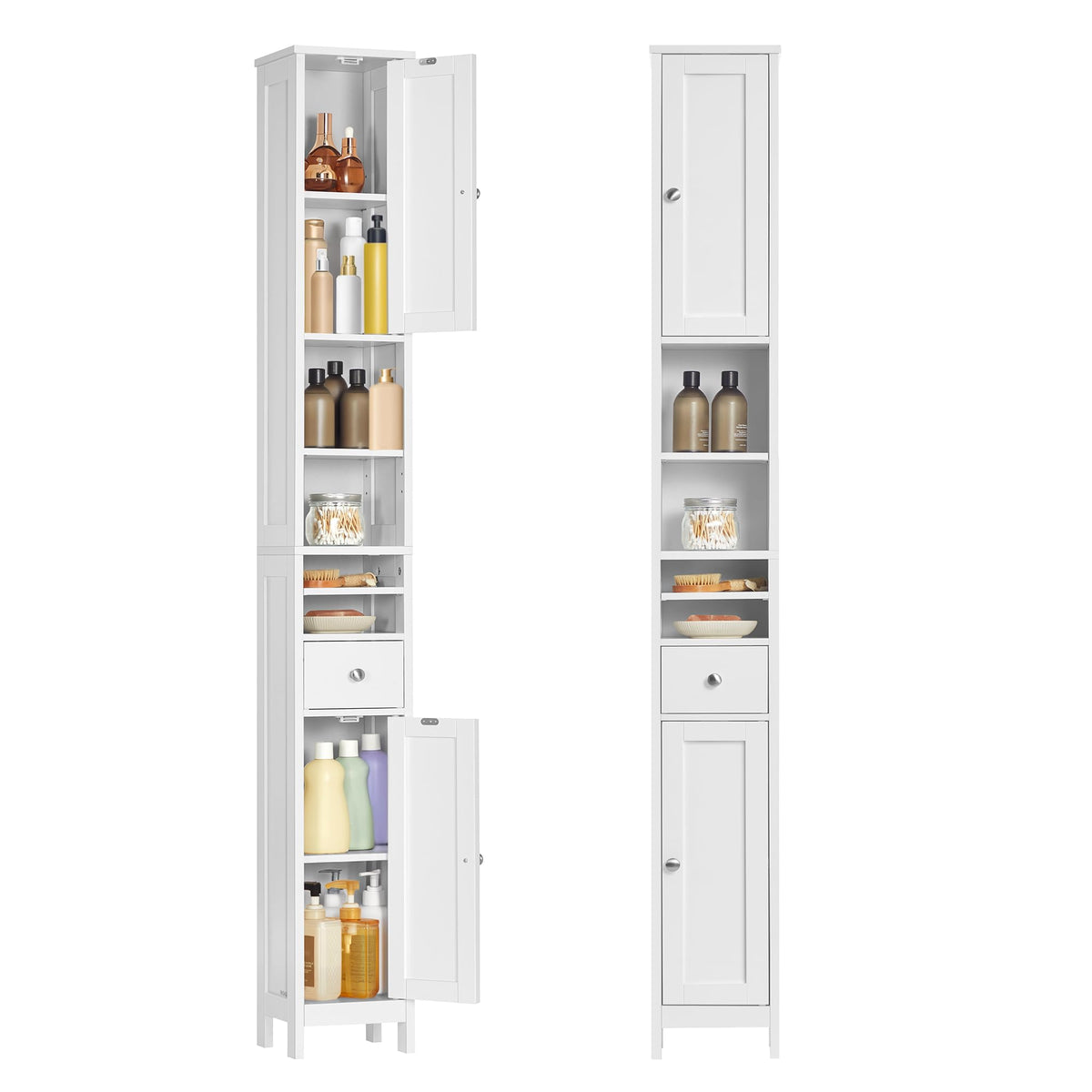 VASAGLE tall storage cabinet cloud white front view highlighting space-saving vertical storage.