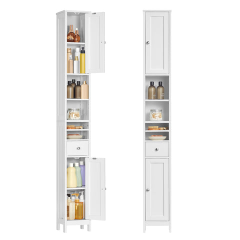 VASAGLE tall storage cabinet cloud white front view highlighting space-saving vertical storage.