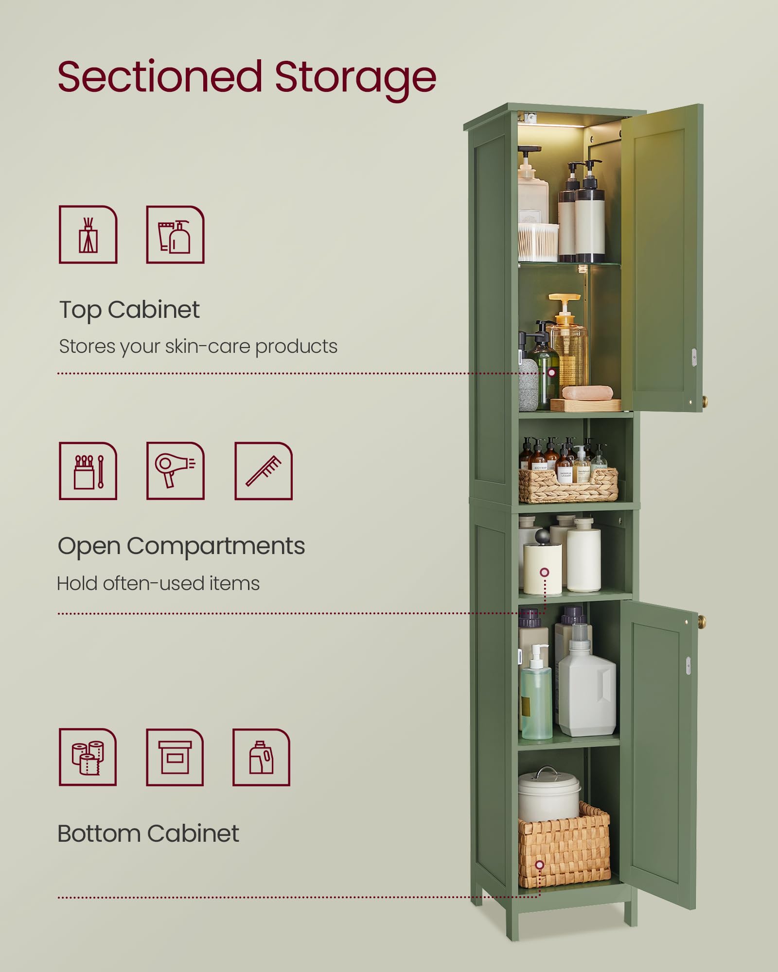 VASAGLE cabinet with adjustable shelves adapting to various items