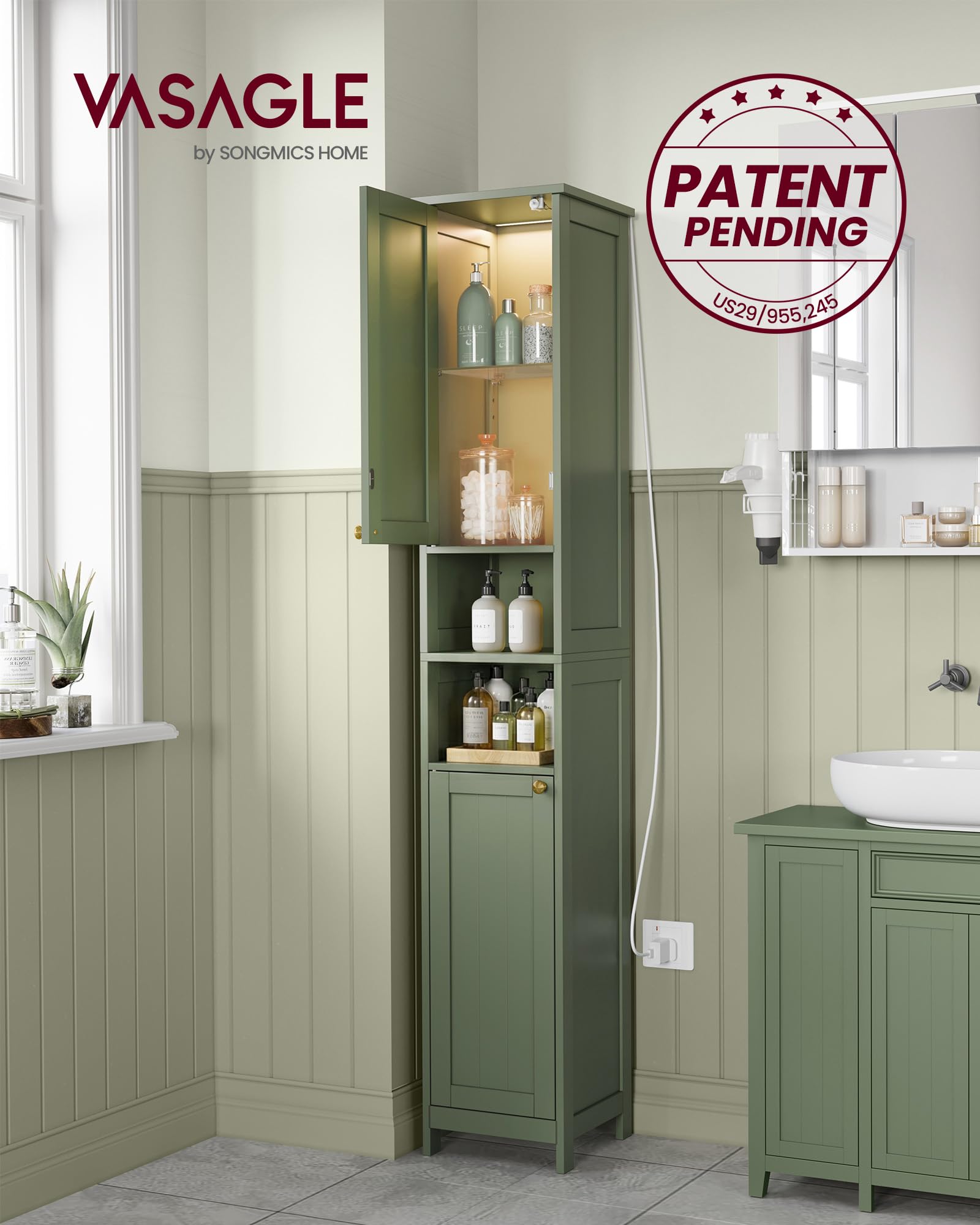 VASAGLE tall cabinet with lights showing inside shelves for organization