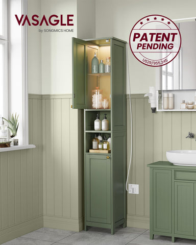 VASAGLE tall cabinet with lights showing inside shelves for organization