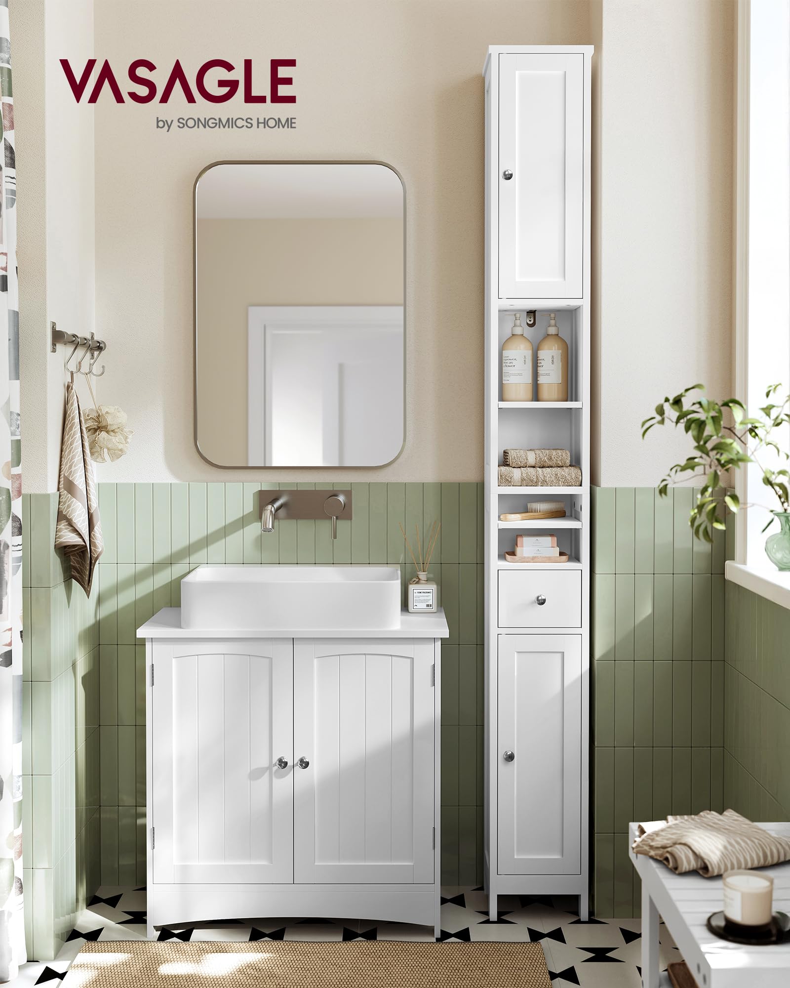 VASAGLE cabinet open compartments for easy access and versatile organization in small rooms.