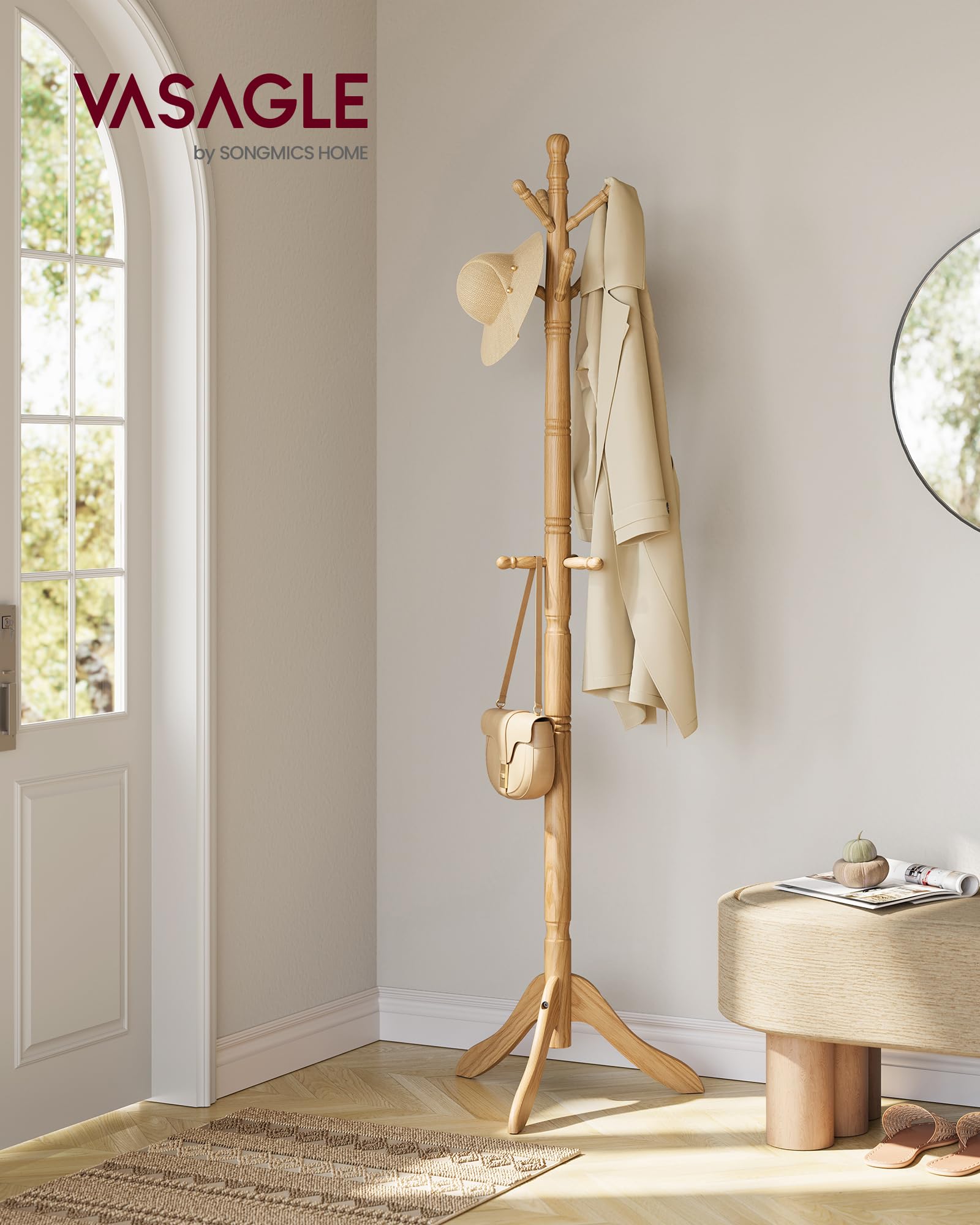 VASAGLE ten-hooks coat tree keeps jackets and bags organized