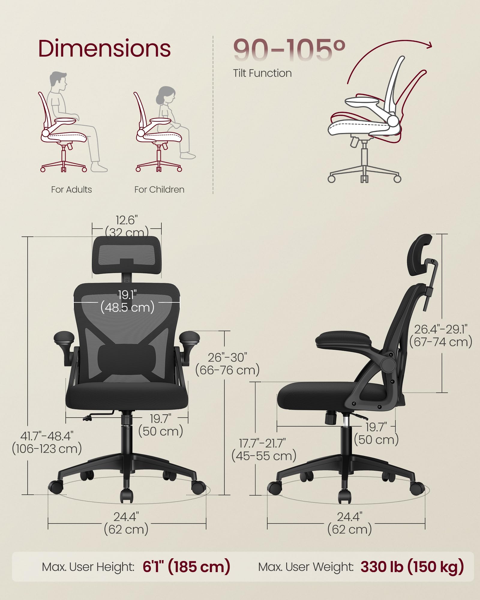 VASAGLE tilt function enables 90–105° recline for focused work and breaks.