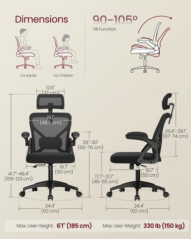 VASAGLE tilt function enables 90–105° recline for focused work and breaks.